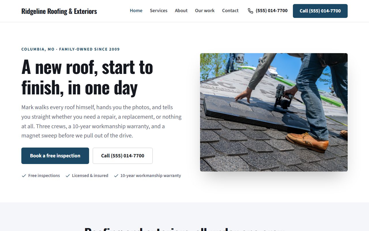 A roofing company's website on a laptop